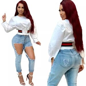 Sexy White Long Sleeve Corset Style Shirt Sz XL